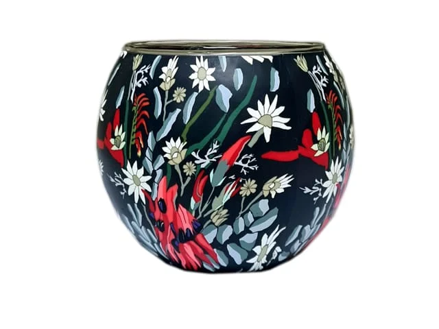 GLASS CANDLE HOLDER AUSTRALIAN FLOWERS
