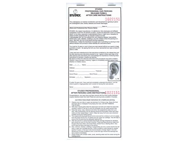 EAR PIERCING RELEASE FORMS
