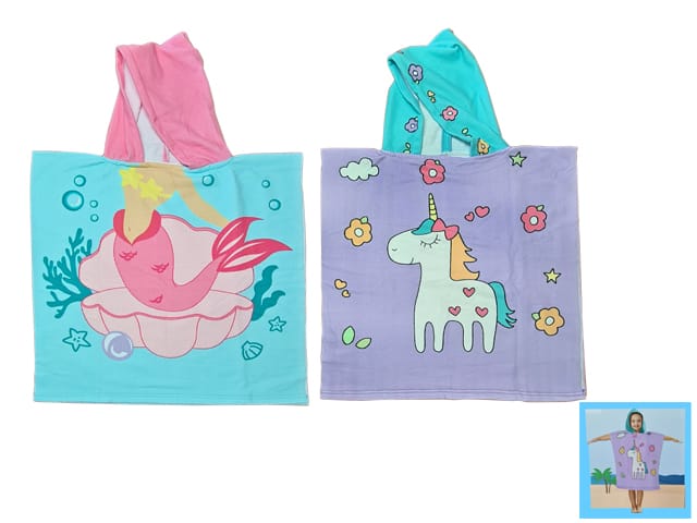 TOWEL PONCHO HOODED GIRLS ASST