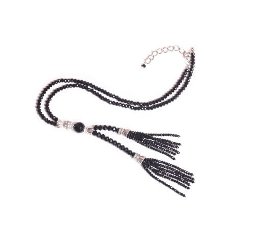 STEEL SAPPHIRE NECKLACE BLACK BEAD TASSLE